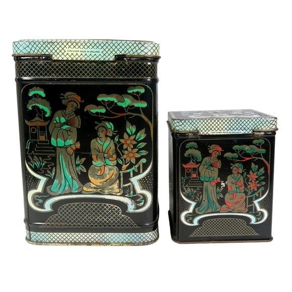 Chinoiserie Tole Tin Set of 2 Decorated Black Hinged Lid Box Vintage England - Picture 3 of 8